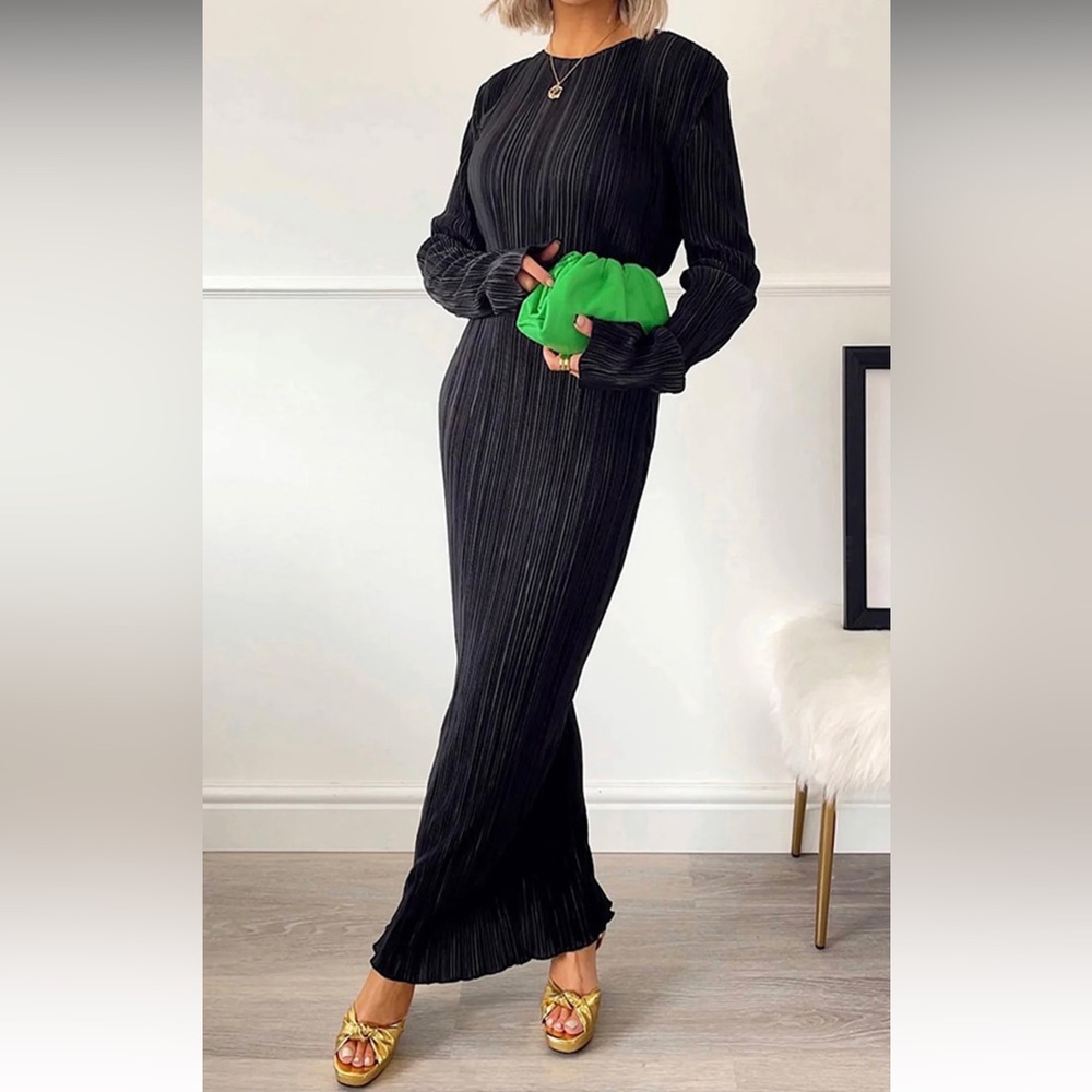 Commense Pleated Black Long Sleeve Dress  - Size S